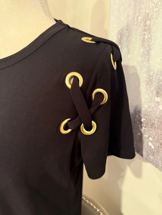 Michael Kors Black Grommet Detail Short Sleeve Top size Large - Picture 2 of 5